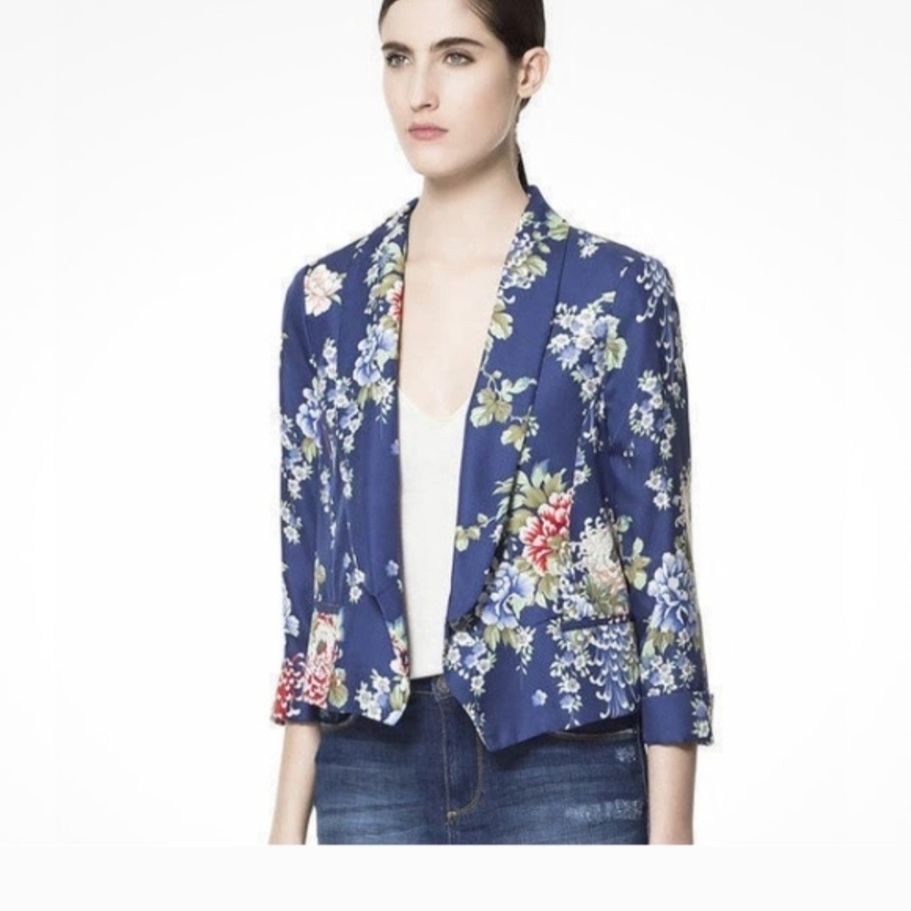 Zara Blue Floral Open-Front Blazer